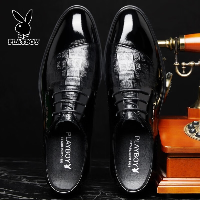 花花公子男士皮鞋商务正式真皮内增高婚礼新郎西装鞋黑色闪亮大尺寸
