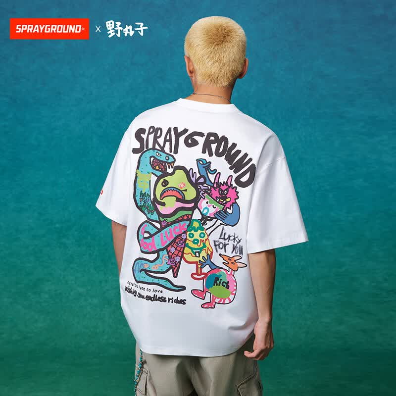 SPRAYGROUND鲨鱼嘴x野丸子联名夏季涂鸦短袖T恤男女同款美式宽松半袖情侣上衣 本白 M