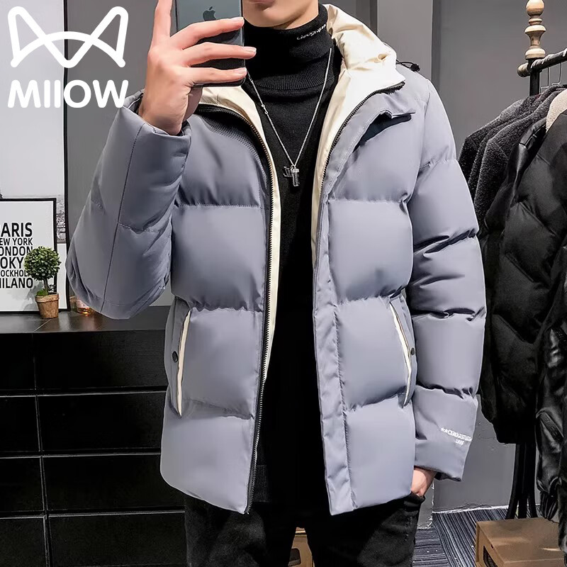 猫人（MiiOW）棉衣男士外套秋冬季潮牌加绒棉服加厚连帽冬装棉袄衣 灰色 M