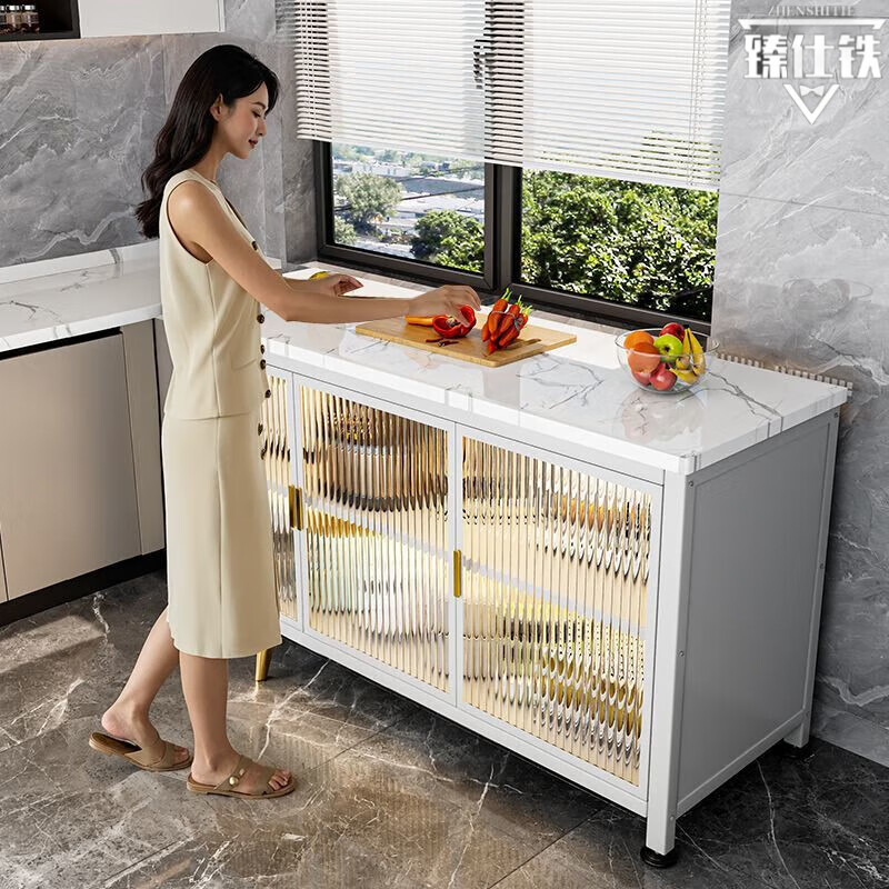 臻仕铁新款餐边柜微波炉电饭煲置物柜家用带岩板切菜柜防烫多功能储物柜 特厚岩板3层轻奢灰【长60高80】加厚4档可调