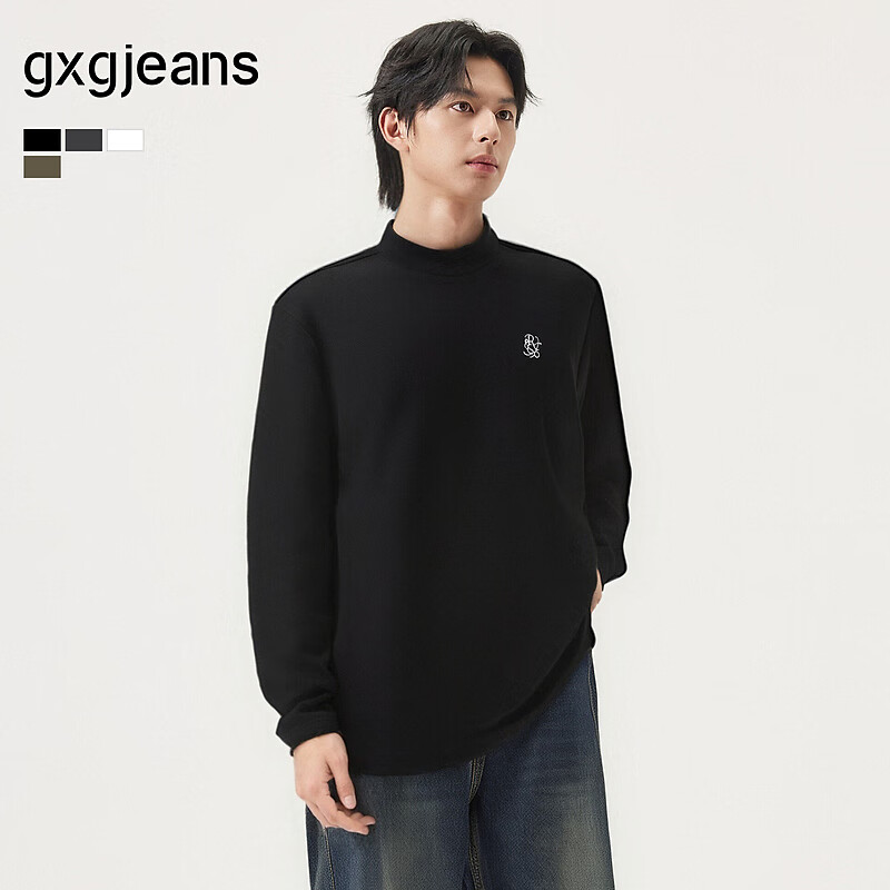 gxg.jeans男装* 多色撞色印花基础半高领长袖打底衫 25年冬季新品 黑色 XL (180)