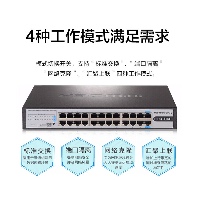H3C华三企业级千兆交换机 非网管网络网线交换器 监控以太网分线器 家用办公分流器家用小型即插即用 S24G-U/24口千兆+4工作模式/自带挂耳