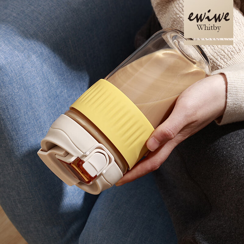 EWIWE玻璃咖啡杯双饮杯情侣水杯一盖双用防滑硅胶套办公室便携出行水杯 胭脂粉/约 500ml