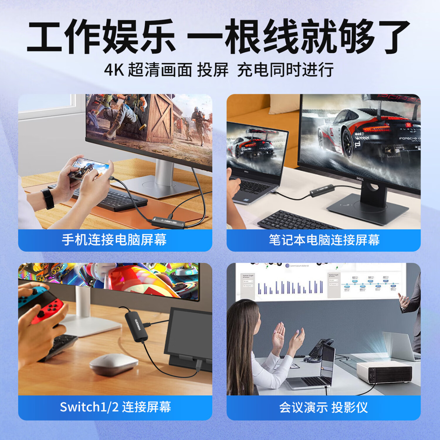 GUERMOKctoc投屏线switch2连接AR眼镜TypeC转TypeC一线通ns2便携底座4K视频连接便携屏C口显示器转换投屏 typec转typec投屏线黑色款