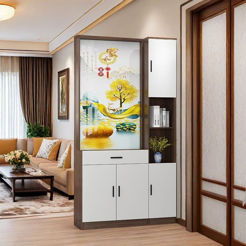 欣慕雅中式屏风隔断鞋柜客厅进门双面实木正对大门入户玄关柜子储物柜 双门抽屉200*60cm PP玻璃拼色平板门 家和石来运转全屏（上楼包安装）