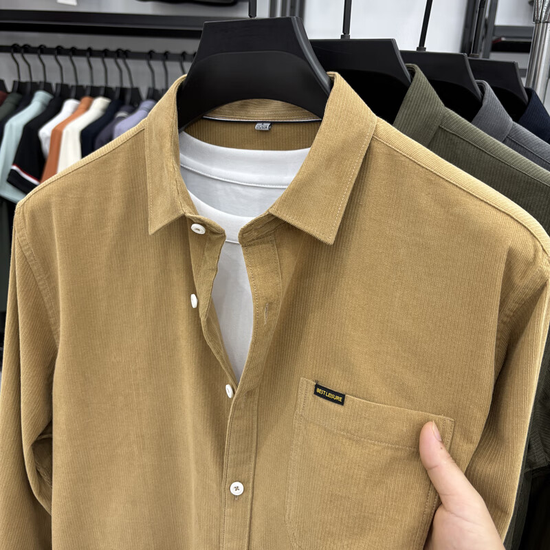 老爷车（LAOYECHE）100%纯棉灯芯绒真口袋男士长袖衬衫纯色休闲秋装衬衣保暖男装寸衫 IF-24620豆绿 L 推荐120-135斤