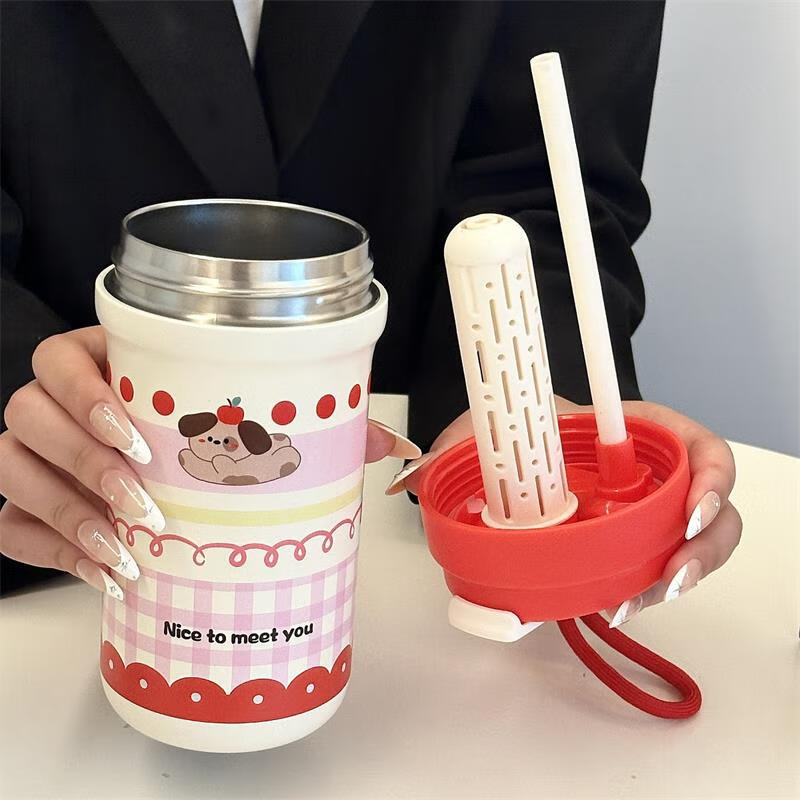 鸿迪卡通双饮保温杯女生高颜值316不锈钢便携咖啡杯吸管学生水杯子 蓝色格子喵 500ml 双饮+茶仓