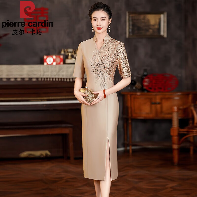 皮爾卡丹（pierre cardin）喜婆婆婚宴裝2025新款顯瘦結(jié)婚媽媽禮服高貴年輕洋氣平時可穿春季 香檳色五分 M 90-105斤