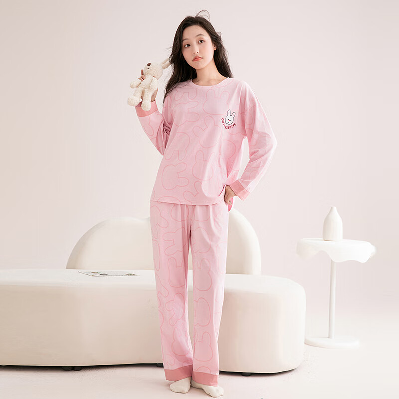 芬腾睡衣女100%纯棉2025秋季新款舒适圆领小兔柔软外穿长袖家居服套装 粉色 M