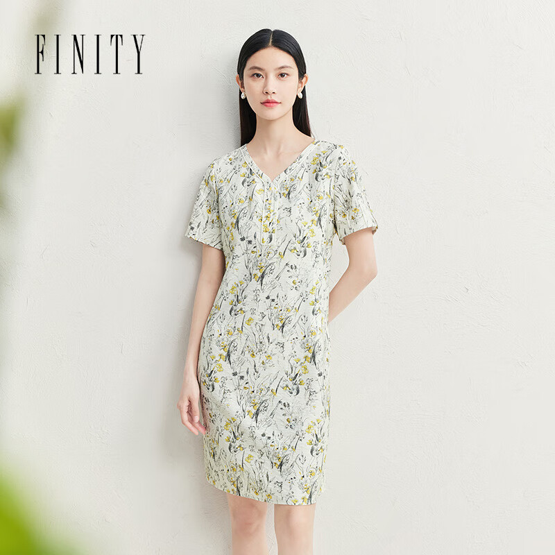 菲妮迪（FINITY）连衣裙2025年夏季新款简约V领气质短袖碎花A字裙子女 米底印花 M