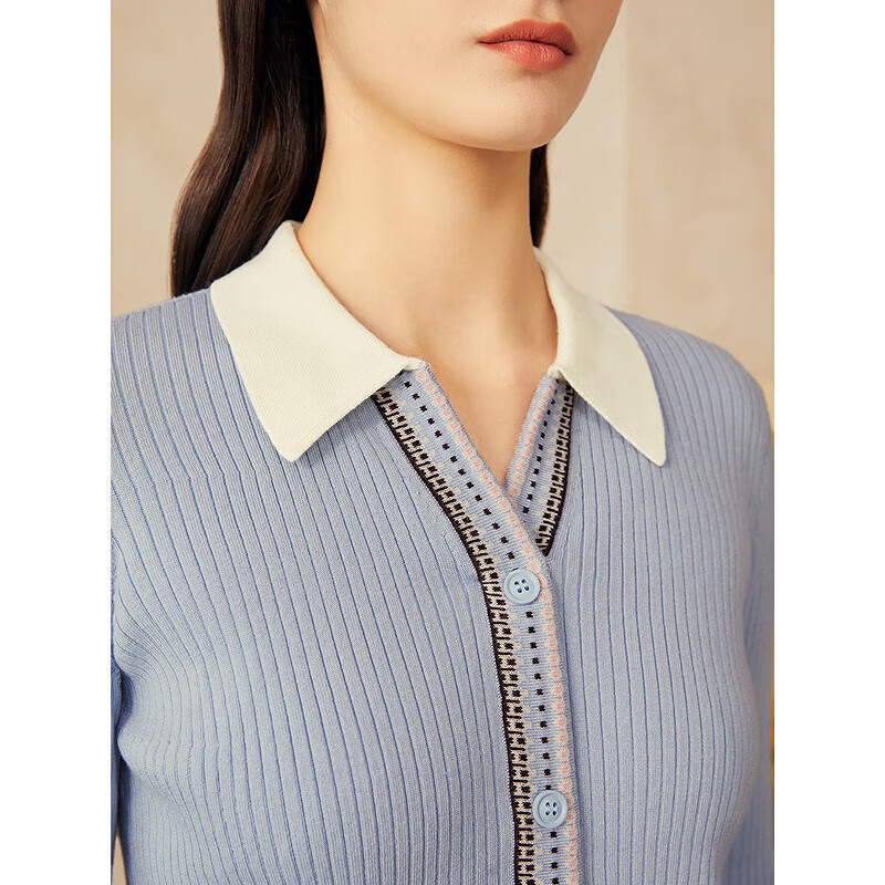 YINER音儿专选2025年春季【费尔岛纹】撞色POLO领真丝羊毛针织衫 浅蓝 XL 42