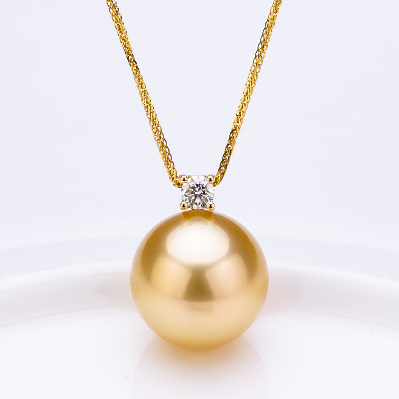 珍珠皇后18K金钻石正圆南洋金珍珠吊坠海水珍珠项链女 生日礼物送女朋友 s925银闪O链 9-10mm