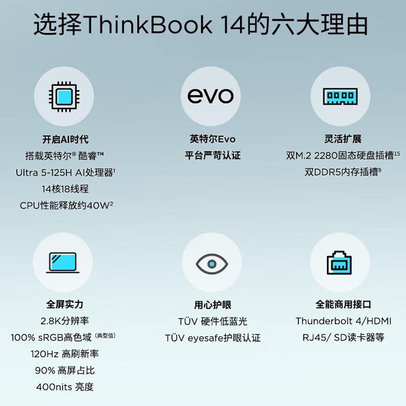 ThinkPad【供销平台】联想ThinkBook 14 英特尔Evo认证 AI全能本英特尔酷睿处理器商务轻薄便携笔记本电脑 UItra5-125H 16GB 1TB 2.8K