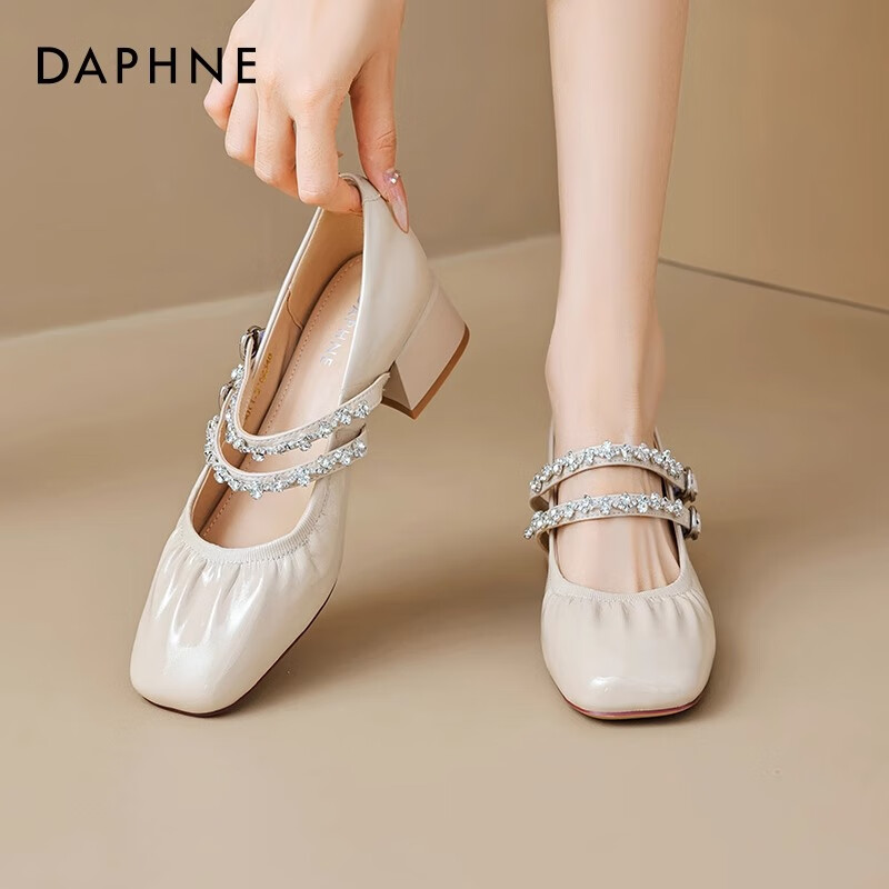 达芙妮银色单鞋女新品2026春夏爆款软底芭蕾舞鞋法式浅口玛丽珍女鞋ZJ 米白色双带【4cm粗跟】 37