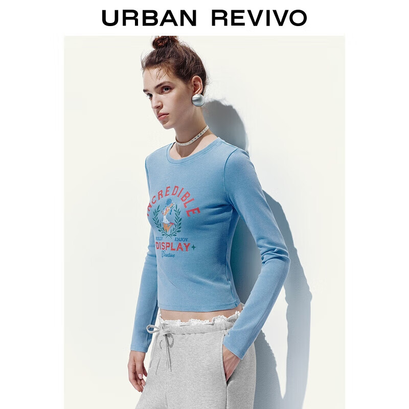 UR2025秋季新款女装休闲复古美式印花修身短款T恤UYL450244