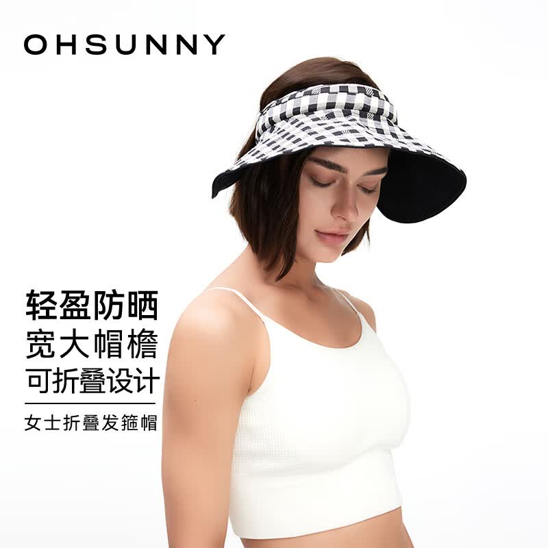 OhSunny防晒帽女户外防紫外线空顶大帽檐太阳帽遮阳发箍帽手工草帽儿童 暗夜黑-折叠发箍帽 成人