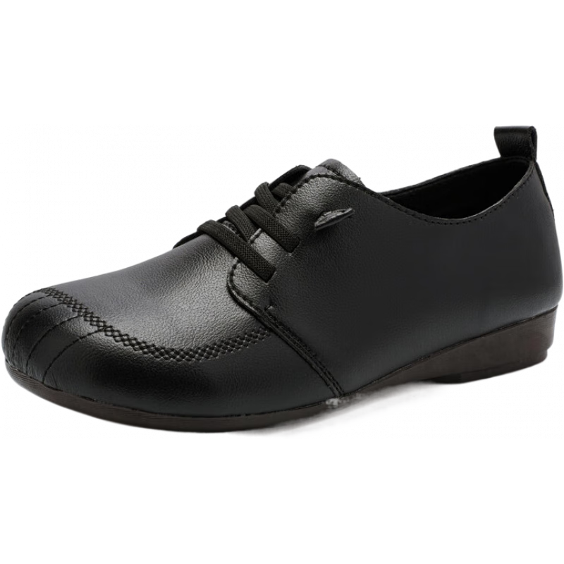 大東(dusto)女鞋子平底皮面中老年休閑鞋一腳蹬媽媽鞋軟底皮鞋坡跟小白鞋 黑色 35