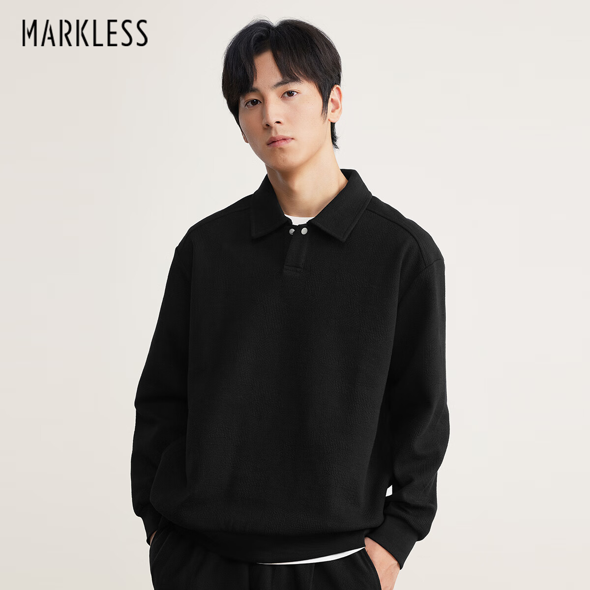 MARKLESS提花面料Polo领卫衣男士一粒扣套头休闲宽松翻领上衣5404 黑色 L