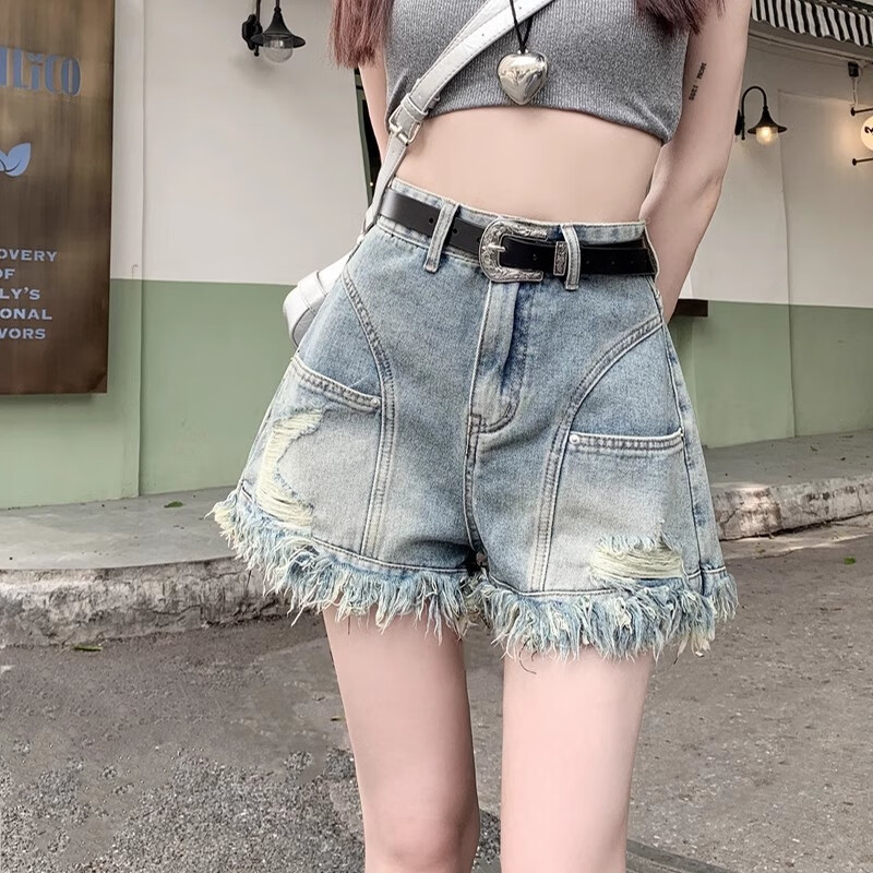 BJORN MOAN美式復(fù)古辣妹破洞毛邊流蘇牛仔短褲女夏小眾設(shè)計(jì)感高腰a字熱褲子 藍(lán)色  XS 建議78-88斤