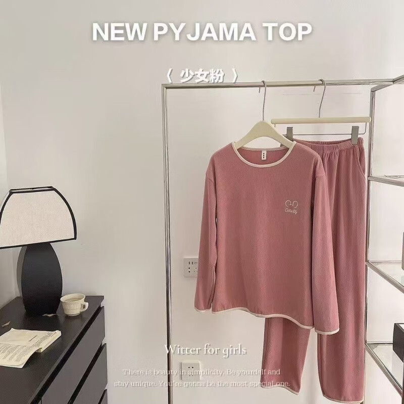 雅鹿德绒保暖睡衣女秋冬季长袖套装可外穿刺绣米奇居家服套装大码胖mm 米奇头紫色 M