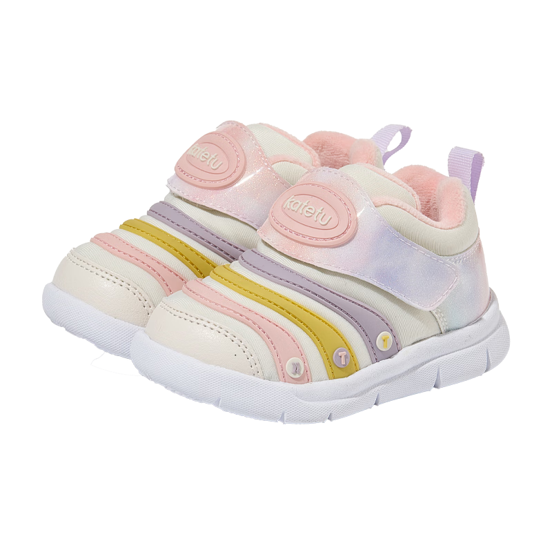 卡特兔宝宝学步鞋婴幼儿棉鞋男女童秋冬加绒保暖运动鞋1-5岁毛毛虫童鞋 黄粉(加绒) 25 内长15.5cm 脚长14.3-14.9