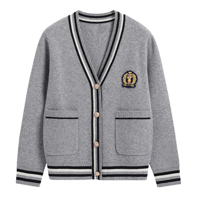 英氏（YEEHOO）儿童毛衣男童针织开衫秋季时尚学院风V领上衣中大童装洋气秋装新 元气学院-灰色 140