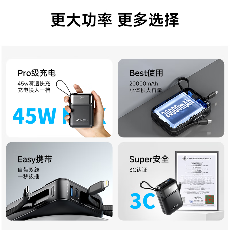 京选京东自有品牌3c认证可上飞机45W自带线充电宝蓝20000毫安移动电源适用户外苹果17小米华为兼容30W