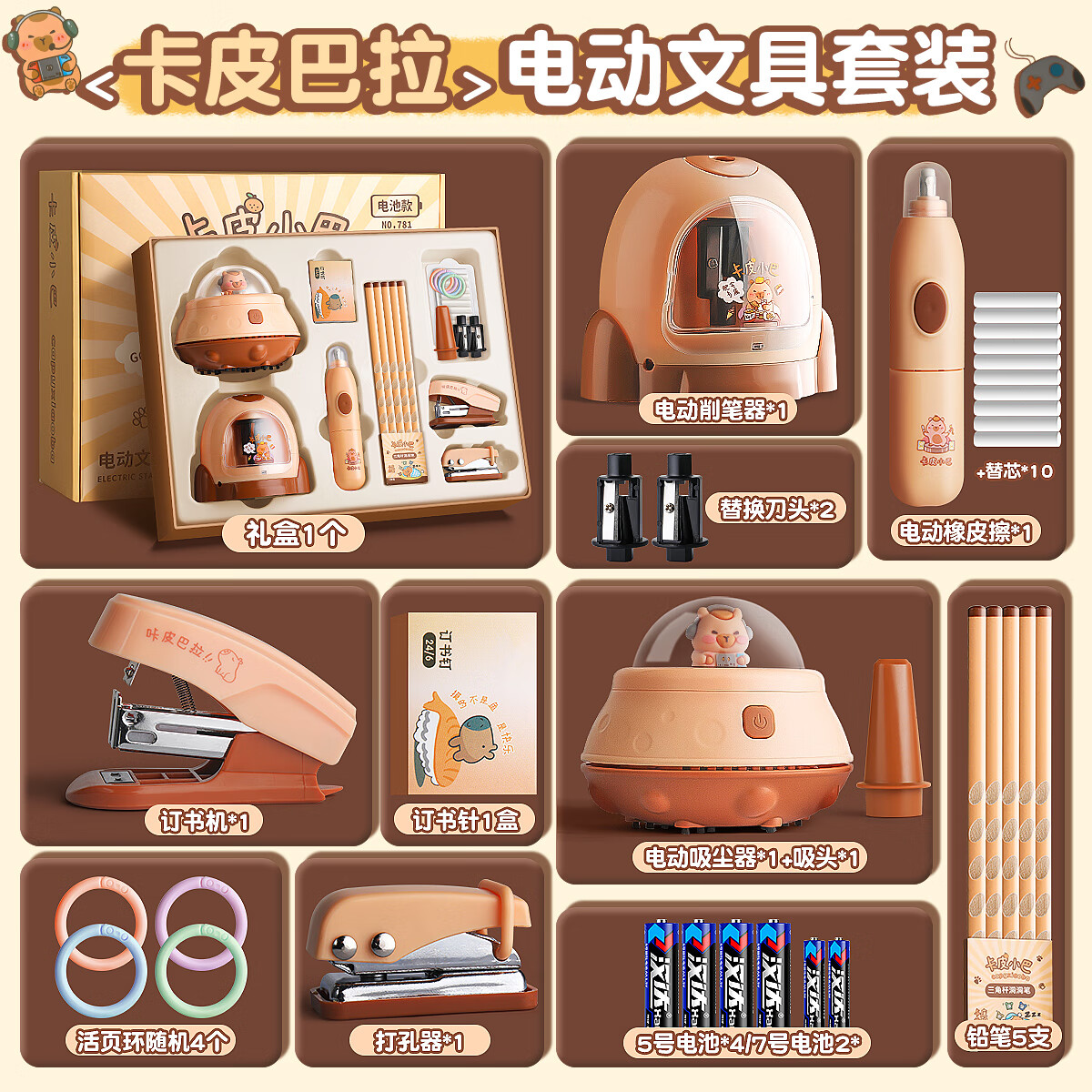 反转电动文具套装礼盒卡皮巴拉男女孩一年级小学生学习用品全自动削笔机器儿童生日礼物【卡皮巴拉】