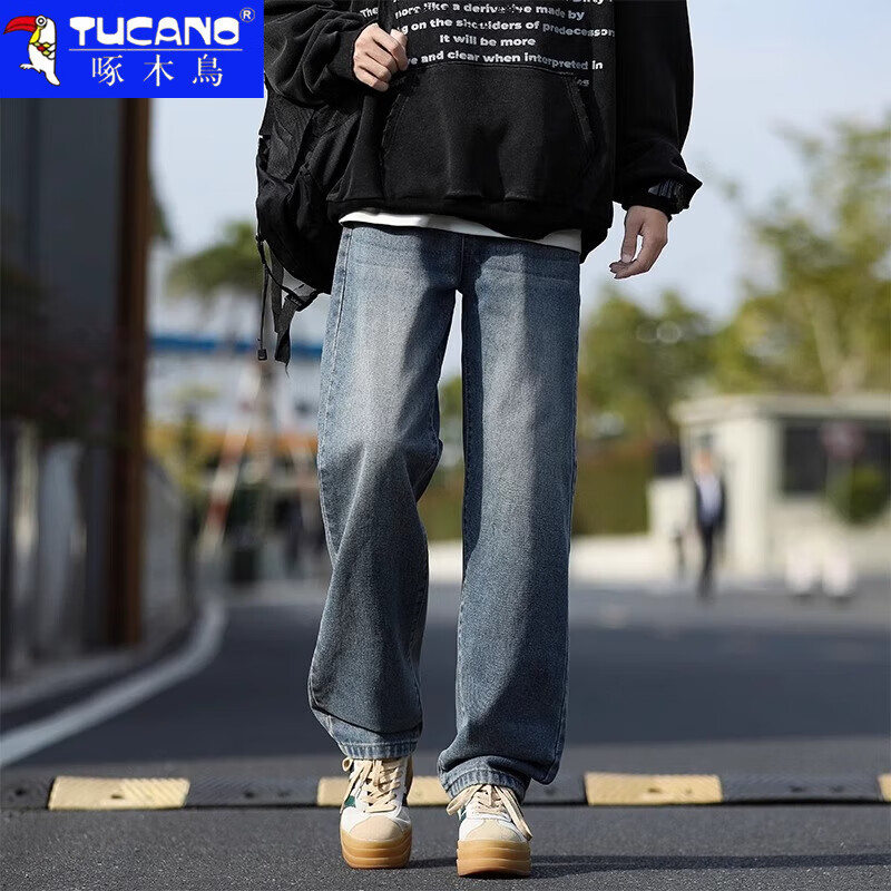 啄木鸟牛仔裤男2026春秋季潮流宽松直筒裤男青少年美式高街阔腿裤子男 黑灰色常规 XL 建议130-150斤