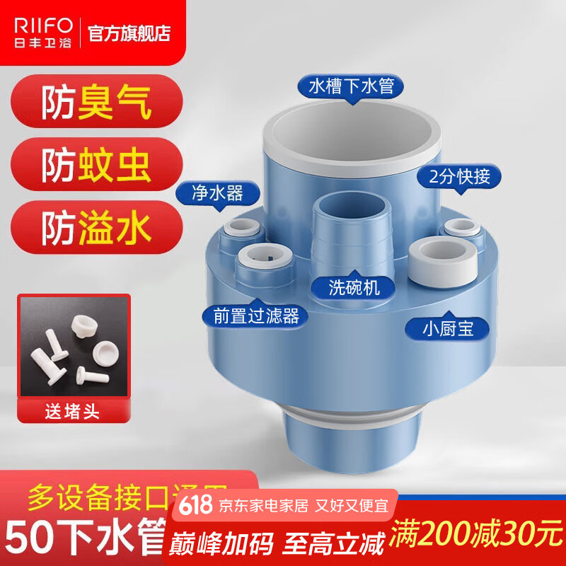 日丰厨房下水三通下水道五六通接头分水器洗菜盆水槽排水管防返臭神器 厨房下水六通塞【集成式下水】