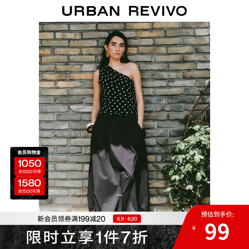 UR2025夏季新款女裝復(fù)古撞色波點斜肩領(lǐng)罩衫襯衫UWH250102 黑色印花 M