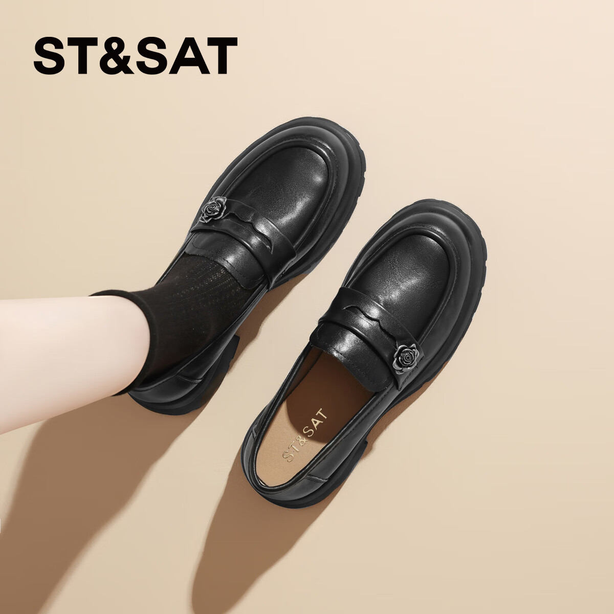 星期六（St&Sat）山茶花小皮鞋乐福鞋女鞋女单鞋 SSD1112136 黑色 【时尚百搭】 40