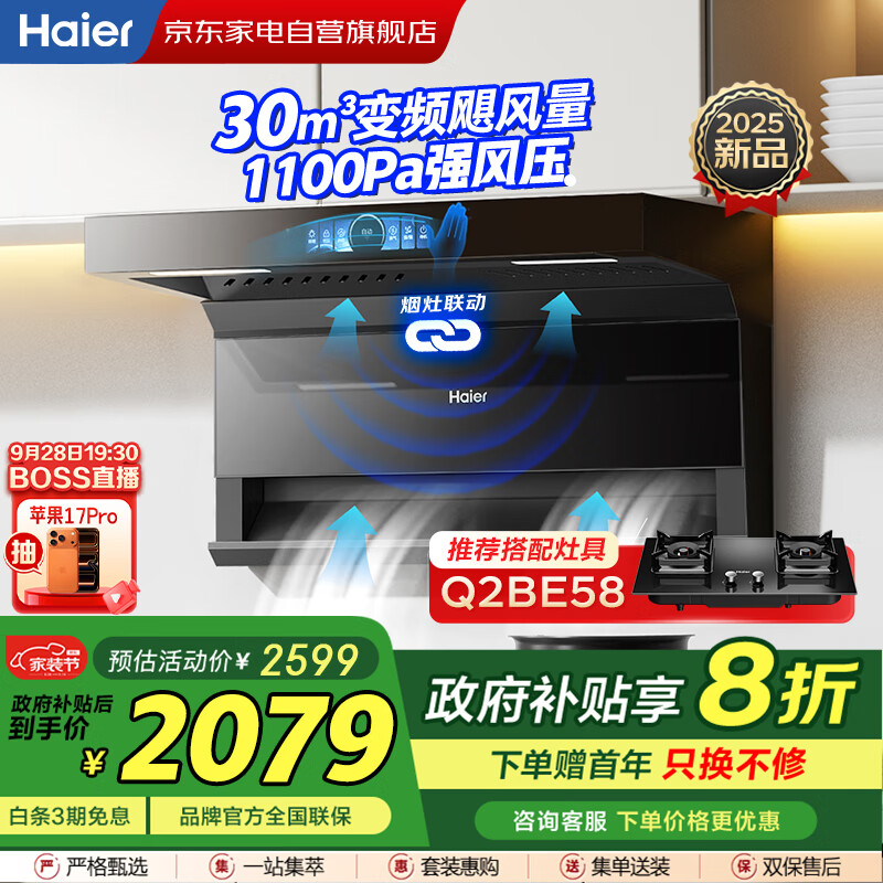 海尔（Haier）油烟机 顶侧双吸抽烟机 变频30立方大吸力家用油烟机 1100Pa风压 热熔自清洁 烟灶联动EC739UD