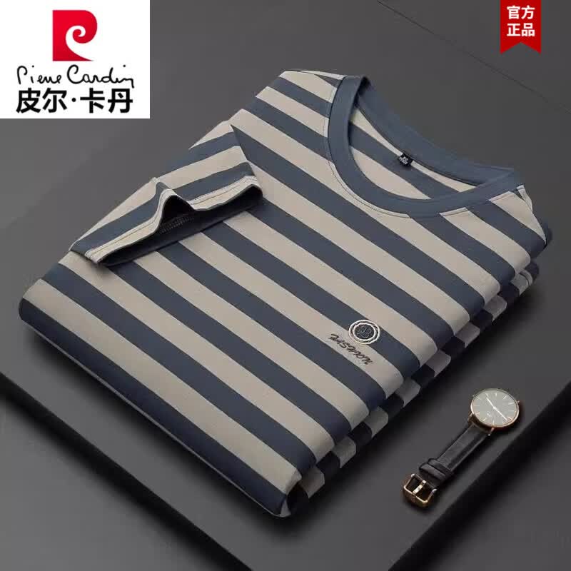 皮尔卡丹桑蚕丝条纹短袖T恤男士夏季商务休闲百搭宽松时尚圆领体恤上衣男 杏灰色 3XL 185 【建议165-180斤】