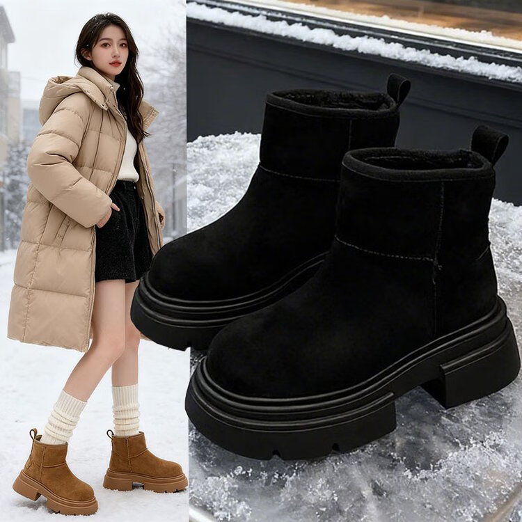 大东爆加绒保暖加厚短靴子防滑马丁靴大棉鞋女款2025新款冬季厚底雪地靴 棕色 40