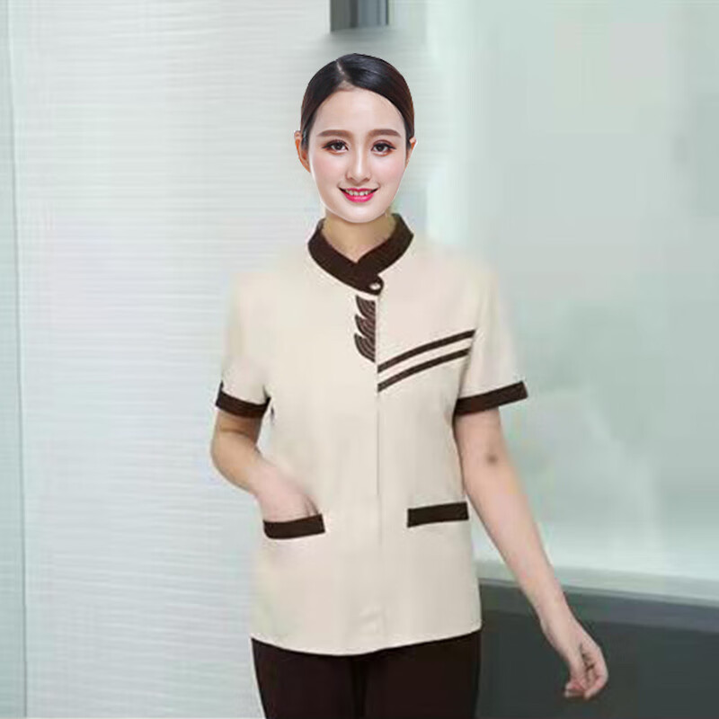 勤思路保潔服長(cháng)袖秋季物業(yè)酒店賓館客房服務(wù)員保潔阿姨工作服套裝可印繡 米色短袖【三葉保潔】 L