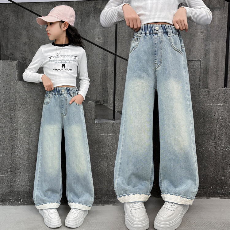 木木屋女童牛仔裤春秋款2025新款春季儿童裤子夏装中大童女孩宽松阔腿裤 817花边阔腿裤-浅蓝色 160 建议13~14岁【150-160cm】c
