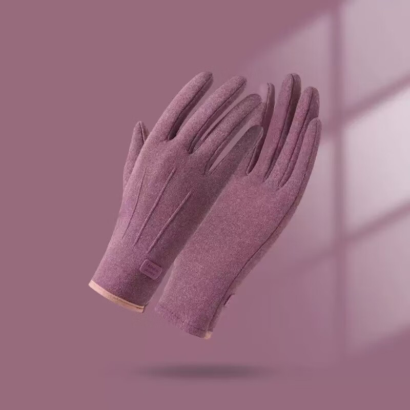 冬季电动车手套加厚加绒保暖麂皮绒骑行防寒触屏男女士 简标款-紫色【触屏仿兔绒】