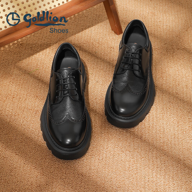 金利来（Goldlion）男鞋秋冬季商务皮鞋厚底增高正装鞋布洛克德比鞋 黑色 42