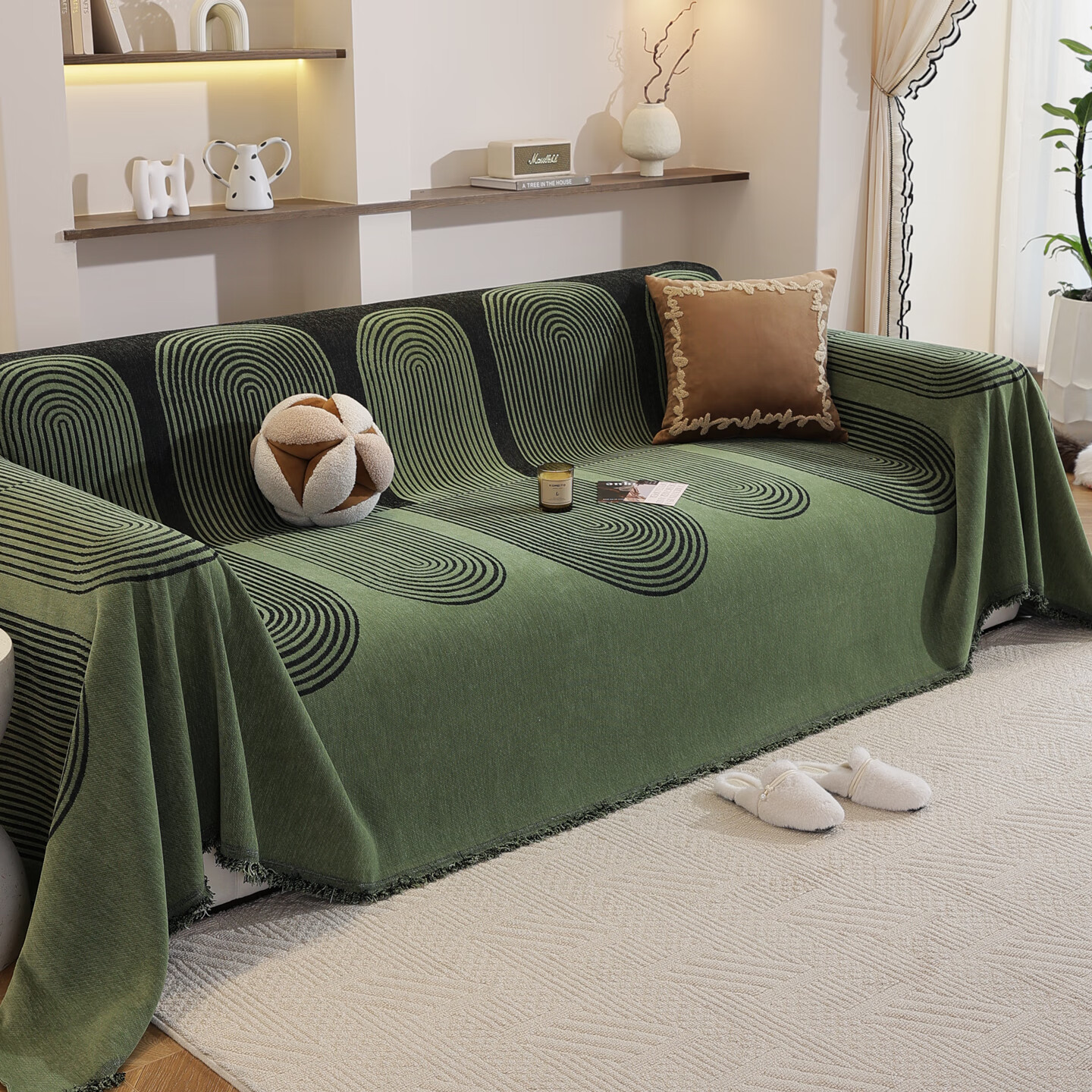 珂米2025新款一片式沙发盖布巾四季通用防滑绿色雪尼尔全盖轻奢高级感 亿光年-墨绿 180cm*230cm 双人位