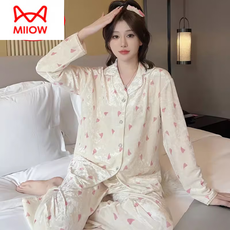 猫人（MiiOW）秋冬季长袖金丝绒睡衣女2026年新款可爱印花钻石绒家居服ins套装 HH-8906#爱心套装绒 M