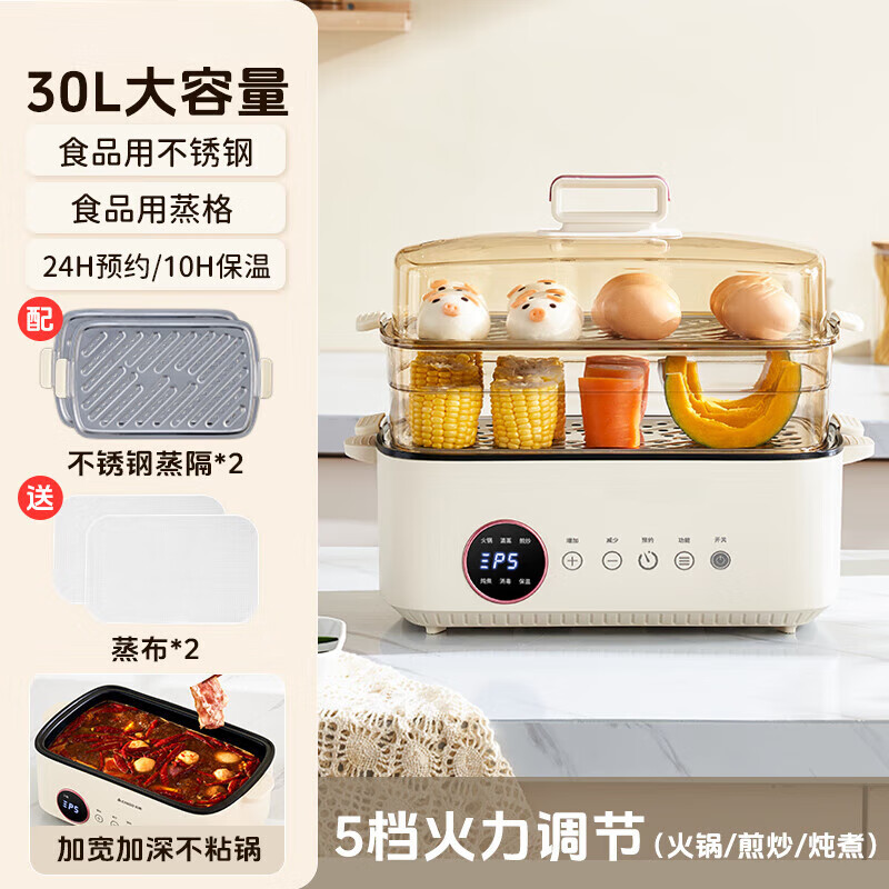 德国电蒸锅炖蒸煮一体自动断电大容量2025新款多功能家用炖蒸箱电 微电脑触控【双层】
