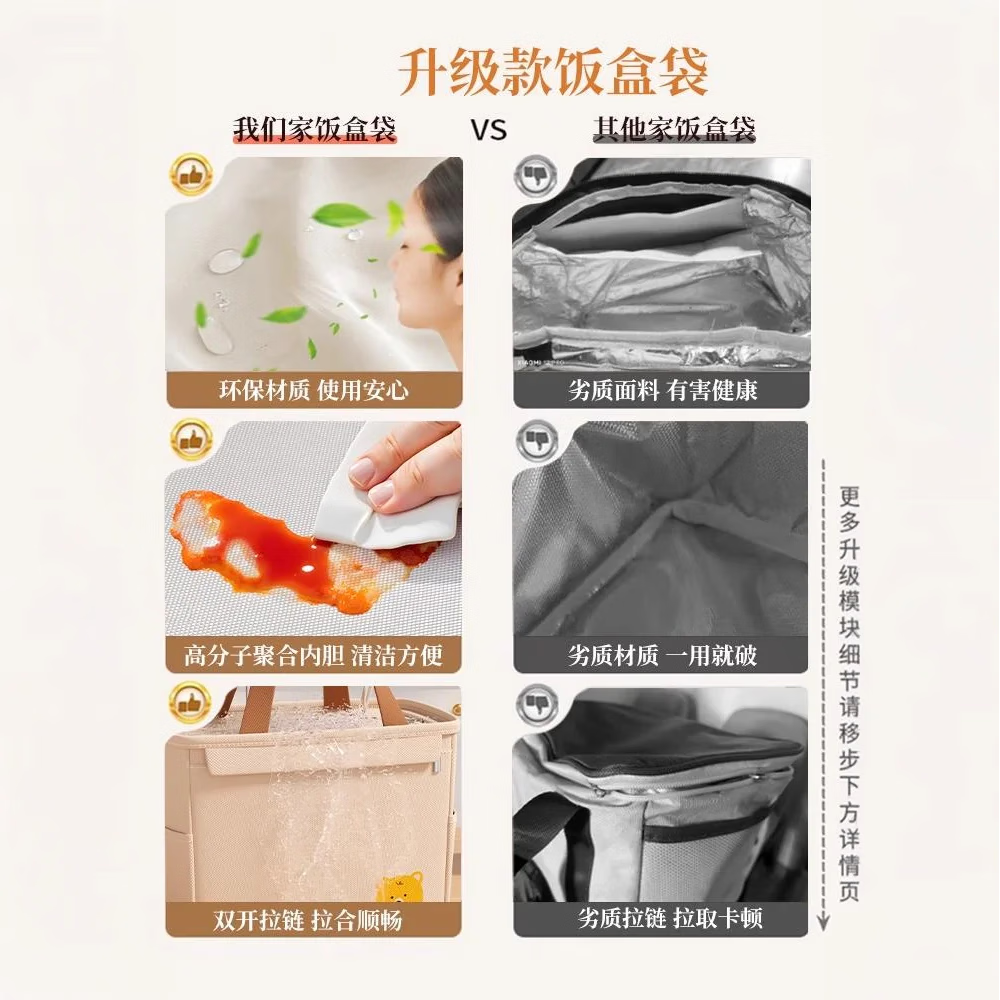 洁百纳饭盒包手提袋便当袋子保温饭包餐包上班族便当盒带饭饭兜加厚铝箔 特大号-优雅黑【加厚铝箔/保温保冷】