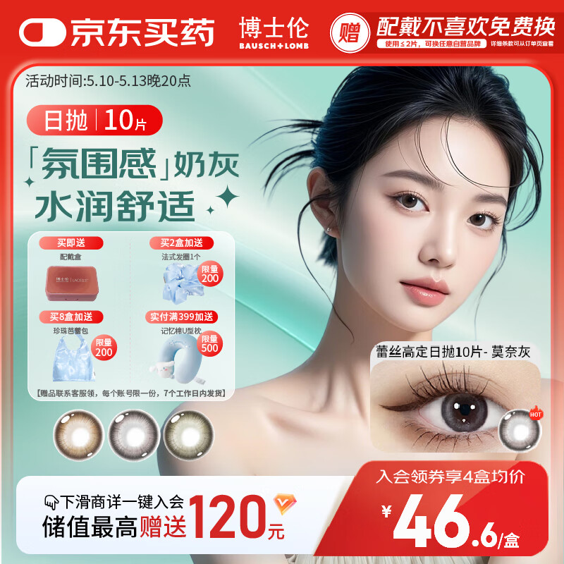 博士伦美瞳日抛 大小直径男女隐形眼镜蕾丝明眸高定彩瞳10片莫奈灰425度