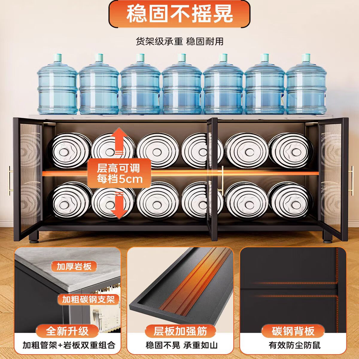 臻仕铁厨房置物架落地多层多功能储物柜微波炉烤箱收纳柜橱柜岩板餐边柜 【加厚岩板】100*45*80CM-深空灰