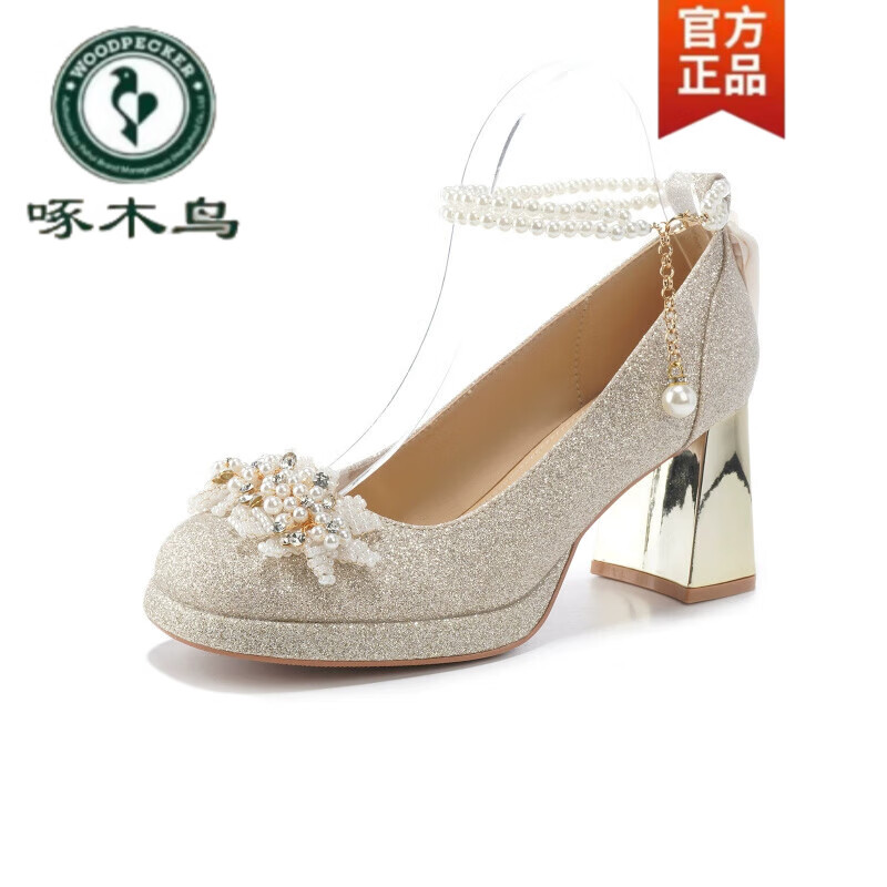 啄木鸟2026新款防水台法式复古粗跟玛丽珍单鞋新娘鞋婚鞋女不累脚高跟鞋 香槟色粗跟7厘米 36