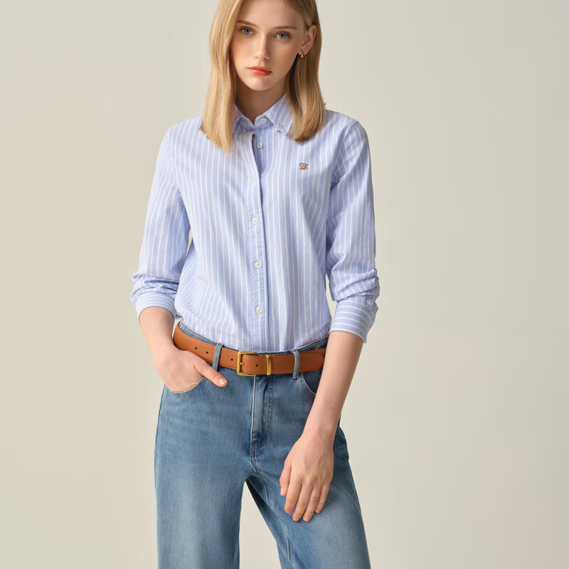 ELAND衣恋衬衫女翻领条纹通勤上衣2025秋季新款 浅蓝色(51)L/Blue S /160