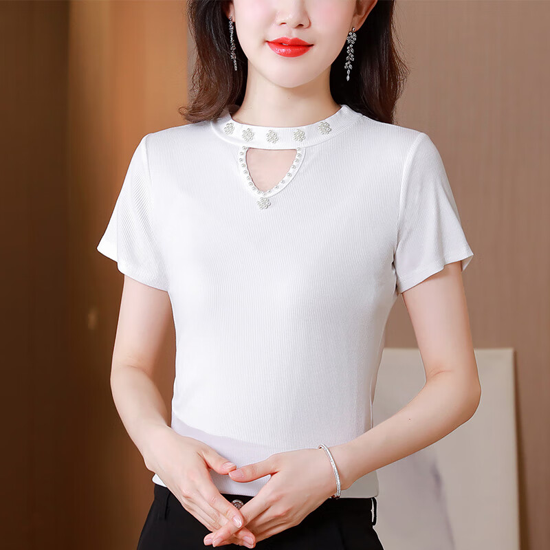 wvhk23年新款冰丝针织衫女短袖t恤夏季显瘦百搭莫代尔纯色螺纹打底衫
