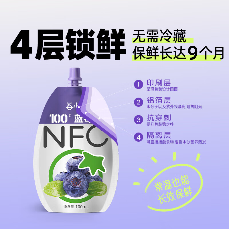 莓小仙NFC蓝莓汁100%纯果汁0脂0添加蔗糖花青素饮料无添加蓝莓原汁100ml 【2盒装】20袋+赠3袋