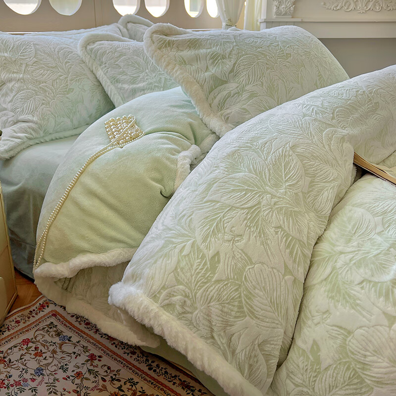 途波列高克重加厚宽边雕花秋冬四件套牛奶绒保暖被套床单加绒床品四件套 如梦令-绿-HC 1.8床 床单款 (被套200*230cm) 套件 119元